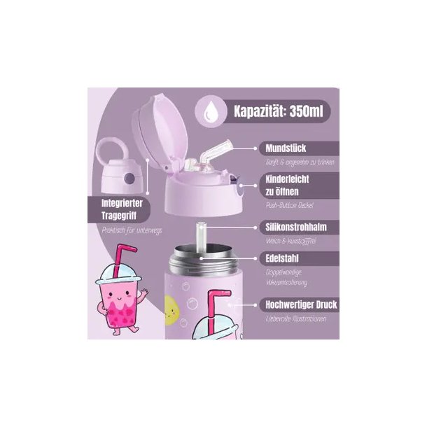 Bearfoot B�rne Termo Drikkedunk - Rustfri St�l - 350 ml - Lyser�d Bubble Tea