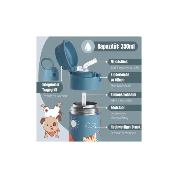 Bearfoot B�rne Termo Drikkedunk - Rustfri St�l - 350 ml - Bl� Hund og Kat 