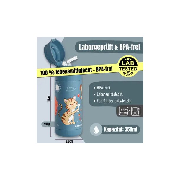 Bearfoot B�rne Termo Drikkedunk - Rustfri St�l - 350 ml - Bl� Hund og Kat 