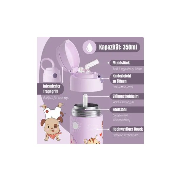 Bearfoot B�rne Termo Drikkedunk - Rustfri St�l - 350 ml - Lyser�d Hund og Kat 