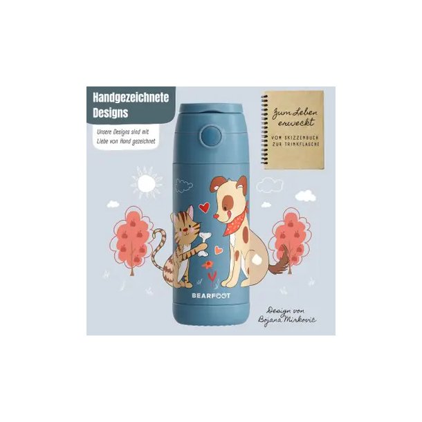 Bearfoot B�rne Termo Drikkedunk - Rustfri St�l - 350 ml - Bl� Hund og Kat 