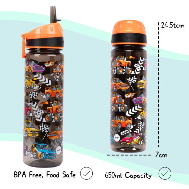 Fringoo - Drikkedunk med sugerr - Sort Racerbiler - 650 ml