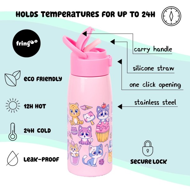 Fringoo - Drikkedunk rustfrit stål - Katte og Slik - 350 ml 