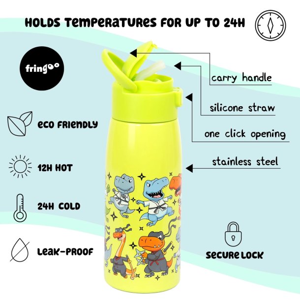 Fringoo - Drikkedunk rustfrit stl - Dino Ninja - 350 ml