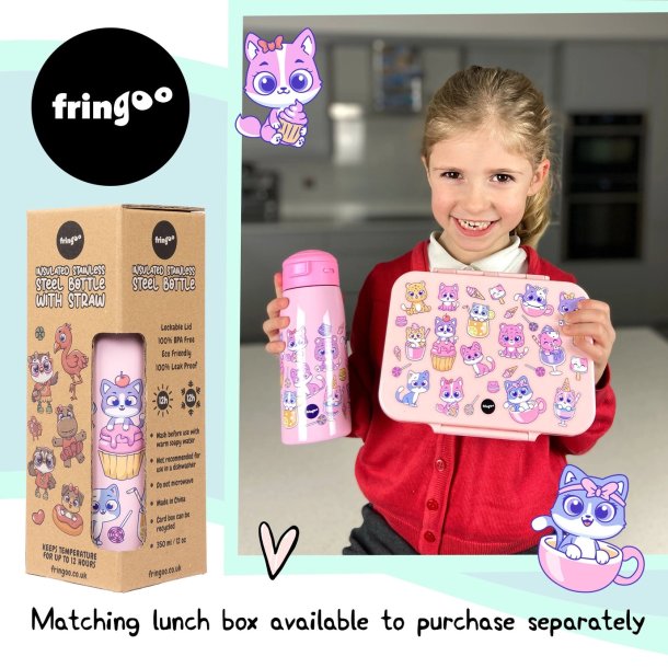 Fringoo - Drikkedunk rustfrit stål - Katte og Slik - 350 ml 