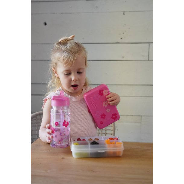 Melii drikkedunk med sugerr - 300 ml - Pink Blomster