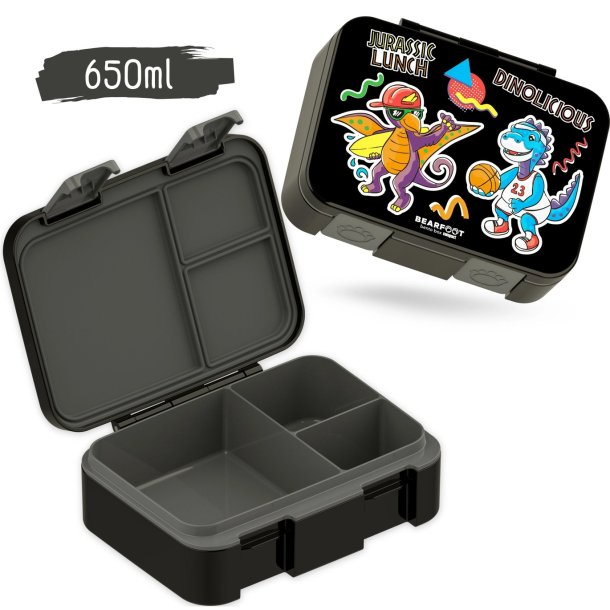 Bearfoot Compakt Mini Madkasse - 650 ml - Sort - Dinosaur 