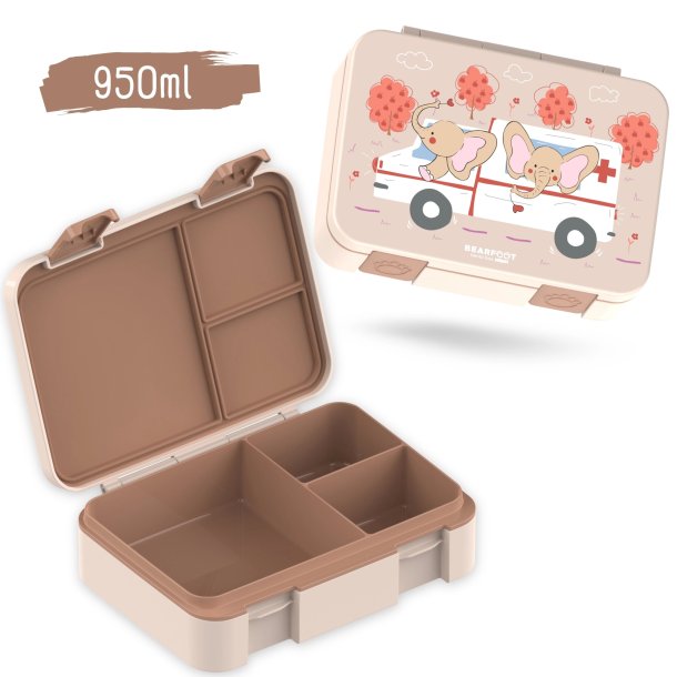 Bearfoot Compakt Madkasse - 950 ml - Brun - Elefanter og Ambulance 