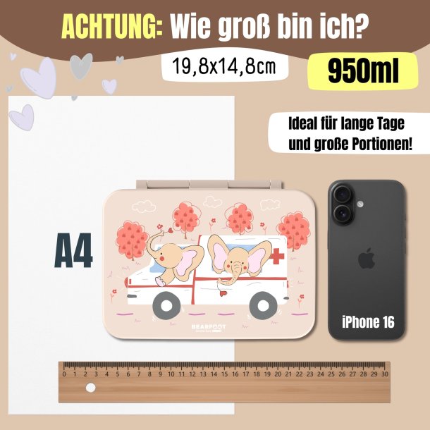 Bearfoot Compakt Madkasse - 950 ml - Brun - Elefanter og Ambulance 