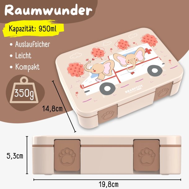 Bearfoot Compakt Madkasse - 950 ml - Brun - Elefanter og Ambulance 
