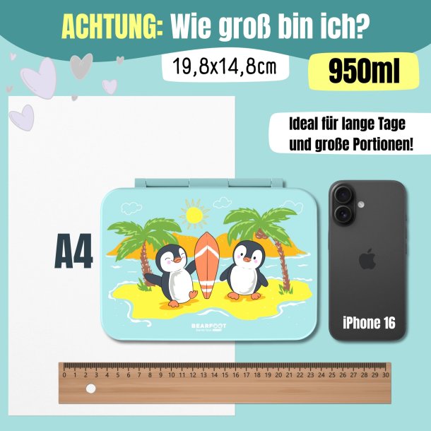 Bearfoot Compakt Madkasse - 950 ml - Tyrkis - Pingviner