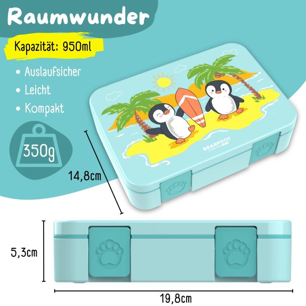 Bearfoot Compakt Madkasse - 950 ml - Tyrkis - Pingviner