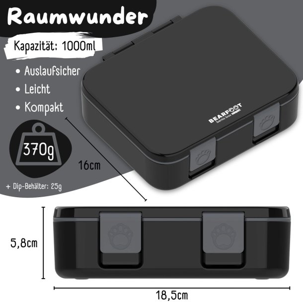 Bearfoot Compakt Madkasse - 1000 ml - Sort 