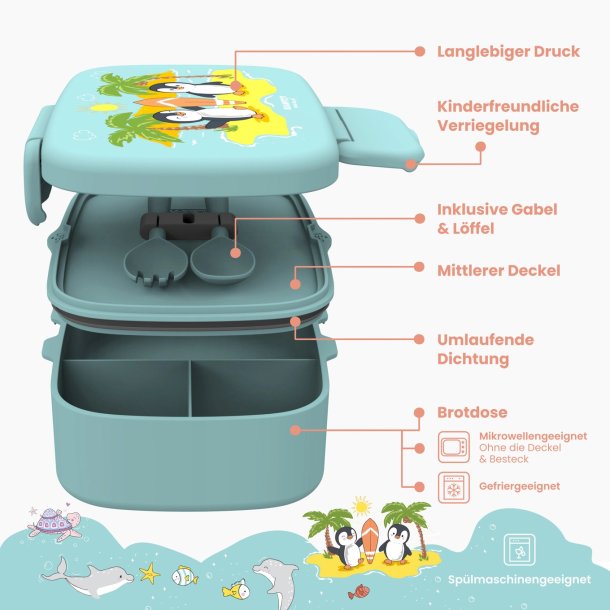 Bearfoot Madkasse med bestik - Tyrkis - Pingviner 