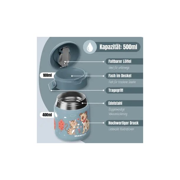 Bearfoot Termobeholder - Rustfri st�l - 500 ml - Bl� Hund og Kat 