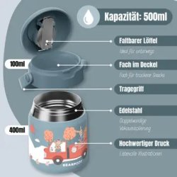 Bearfoot Termobeholder - Rustfri st�l - 500 ml - Bl� Brandbil og Kaniner 