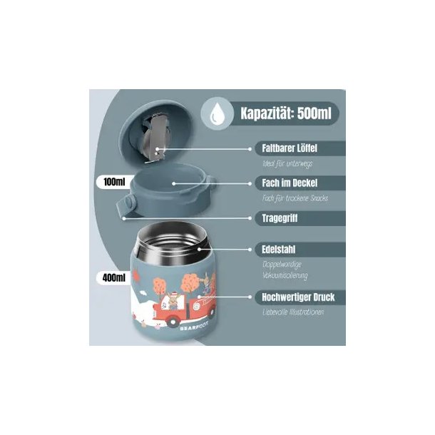 Bearfoot Termobeholder - Rustfri st�l - 500 ml - Bl� Brandbil og Kaniner 