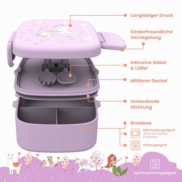  Bearfoot Madkasse med bestik - Lyserd enhjrning 