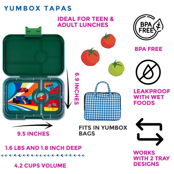 Yumbox Tapas Madkasse - 4 rum - Greenwich Gr�n - Race Cars Bakke