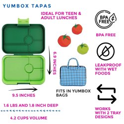 Yumbox Tapas Bento Madkasse - 4 rum - Palm Grn med Lime Bakke