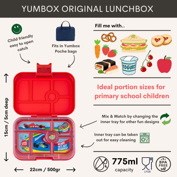 Yumbox Original Madkasse 6-sektioner - R�d - Race Cars tray