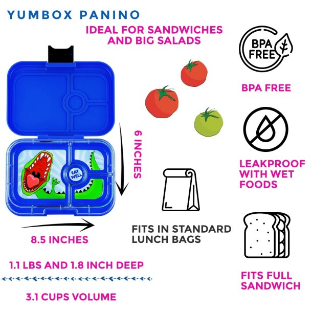 Yumbox Panino bento madkasse 4-sektioner - Bl Dinosaurus 