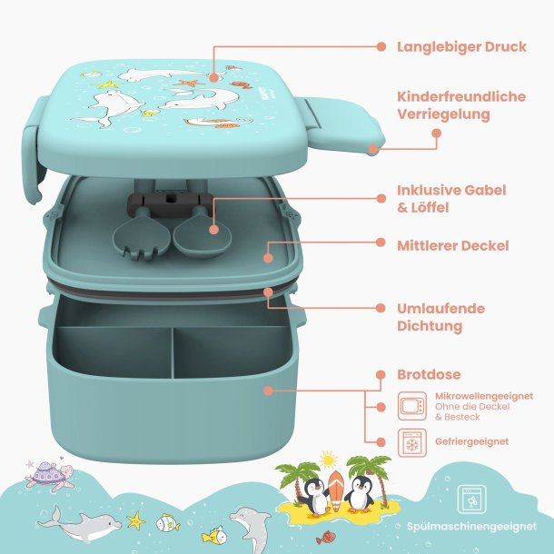 Bearfoot Madkasse med bestik - Tyrkis Delfiner  