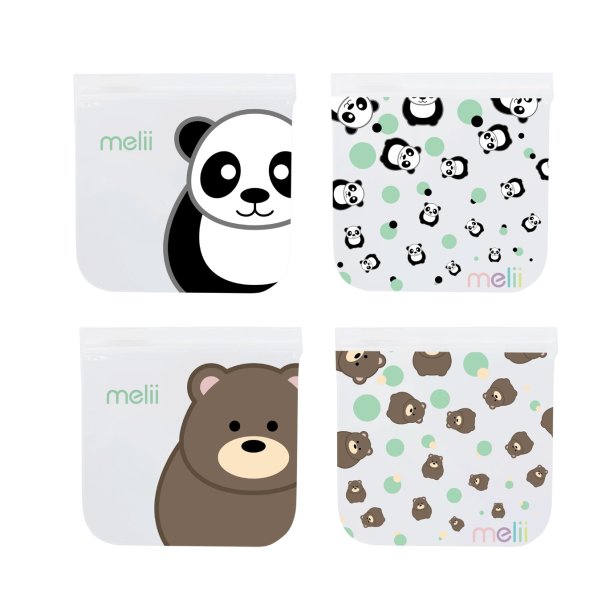Melii Genanvendelige Snackposer - 4 stk - Panda og Bjrn 